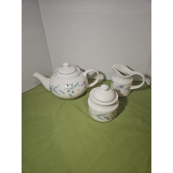 Pfaltzgraff April Tea Set Floral Aqua Trim Teapot Creamer Sugar Bowl - Picture 1 of 11